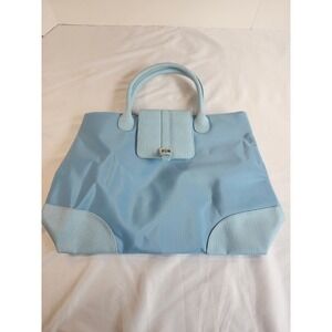 Light Blue Nylon Tote Bag Textured Faux Leather Trim Magnetic Flap Closure